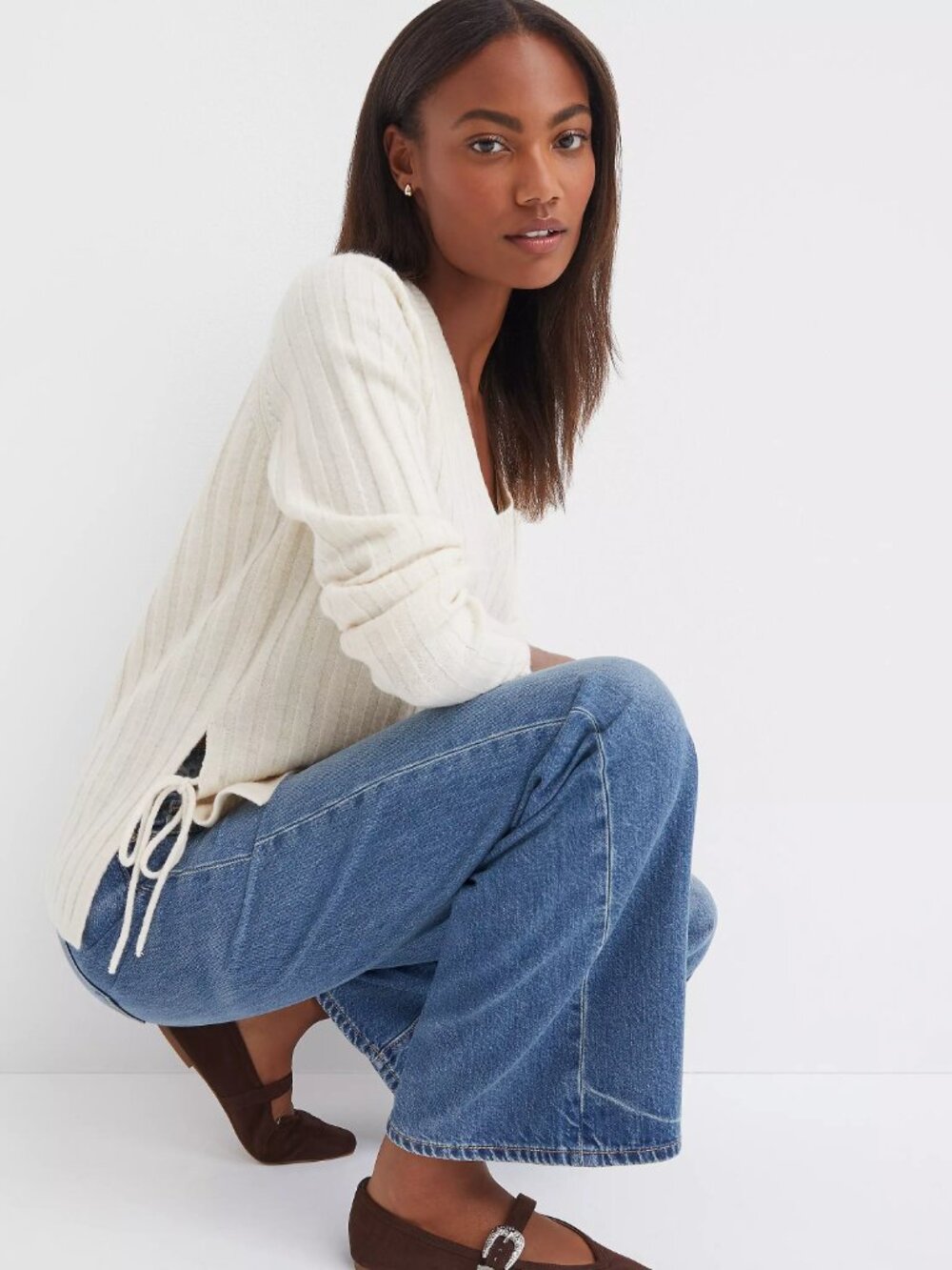 LOFT Side Bow Ribbed V-Neck Sweater Size M – Ivory